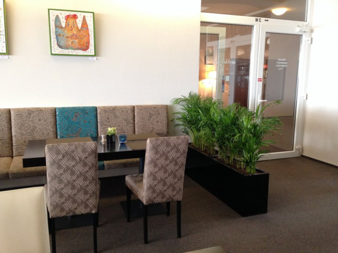 Designový květináč v hotelové restauraci