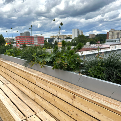 Designové květináče na terase Fyzikálního ústavu